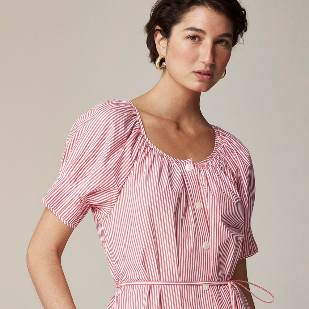 J. Crew Button Up Midi Dress Striped Cotton Poplin Puff Sleeve Size XS
